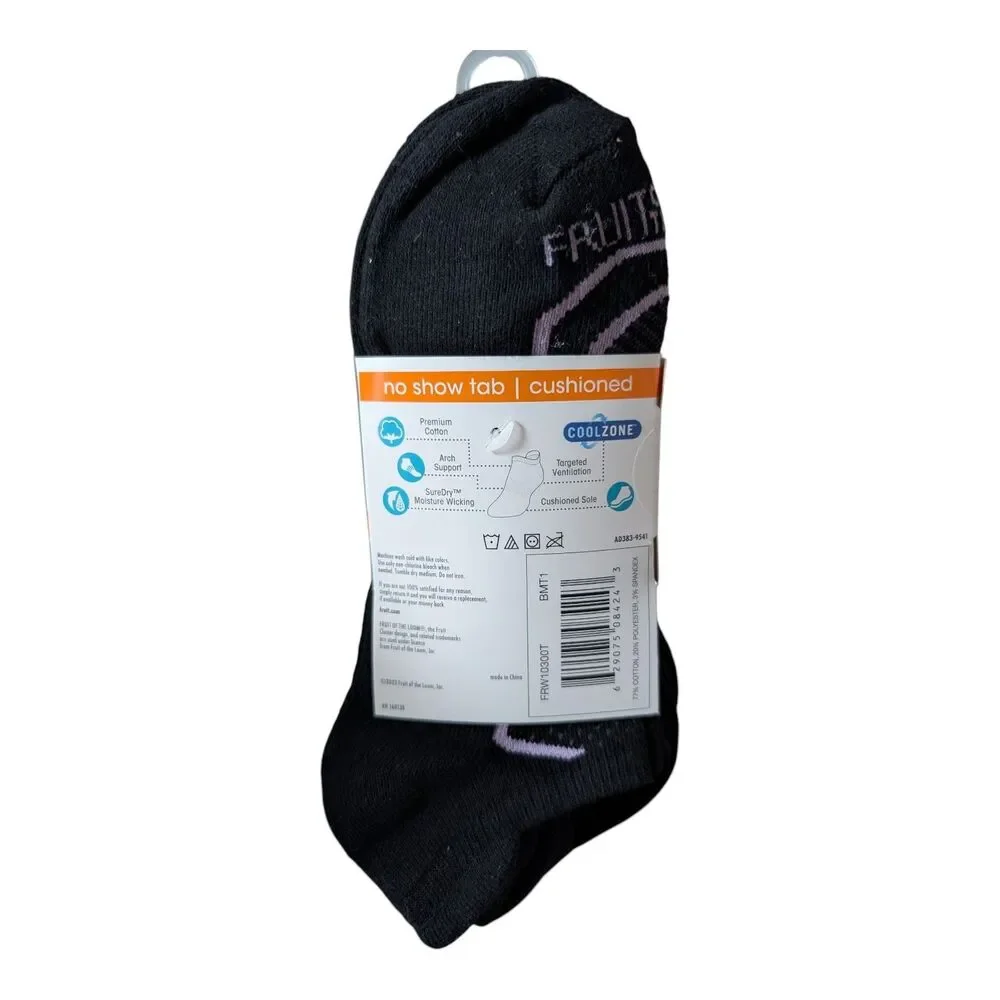 Fruit of the Loom Womens 6-Pair Cushioned No-Show Tab Socks Black Size 8-12